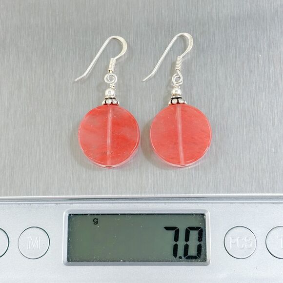 Vintage Sterling Silver 925 Pink Glass Disk Bead Dangle Earrings - Picture 4 of 4